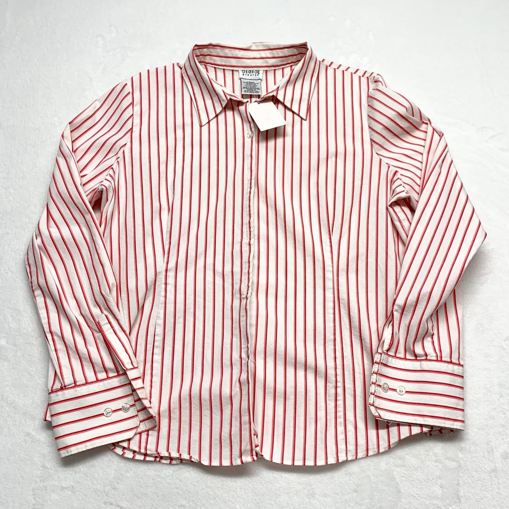 George Stretch Button Down Shirt Womens XL 16/18 Red White Striped Cotton L/S‎